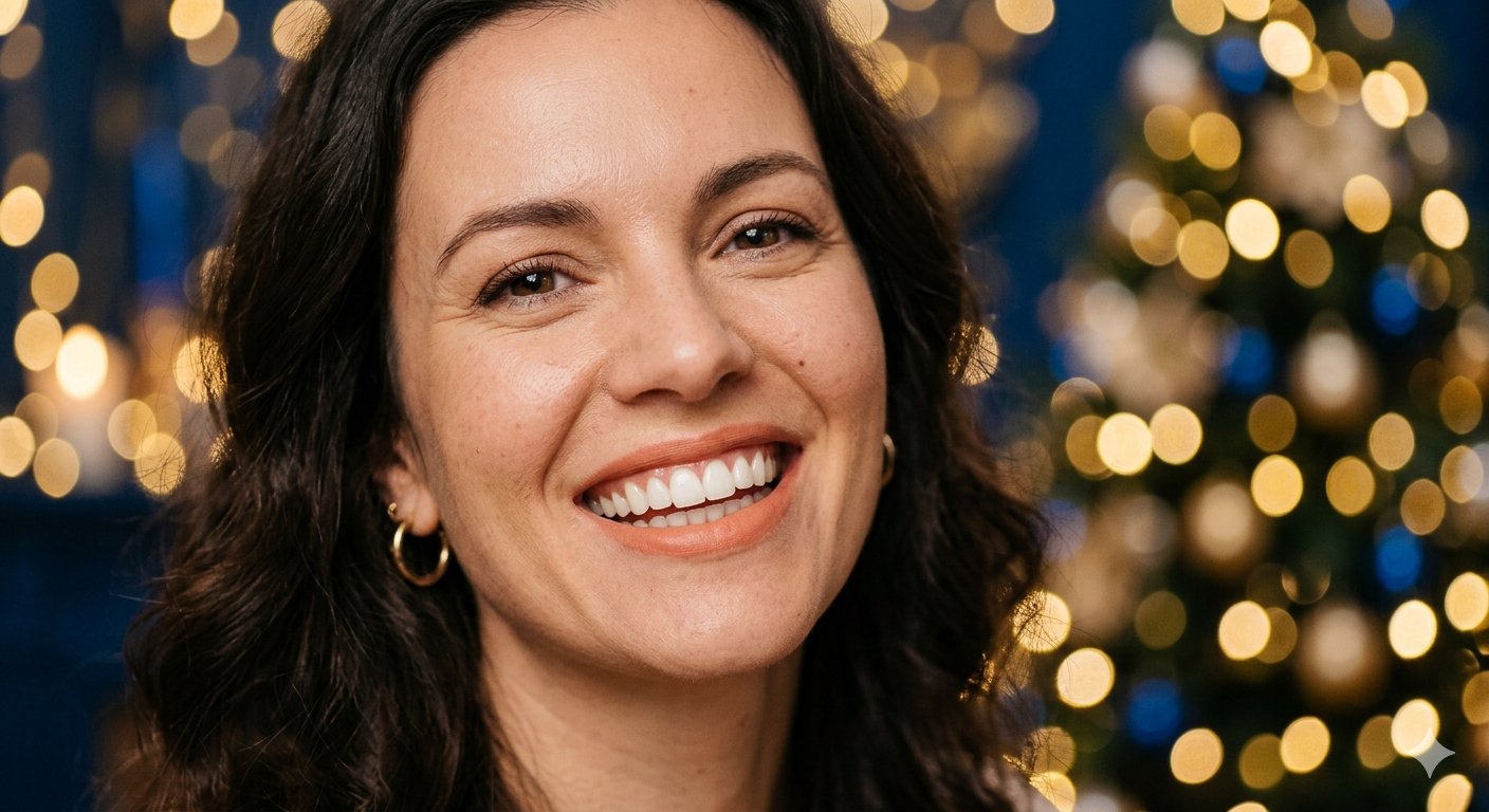 Adult smiling confidently, warm light