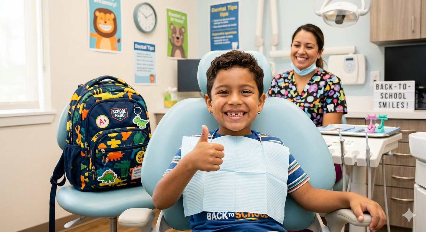 Smiling child in the dental chair giving a thumbs up