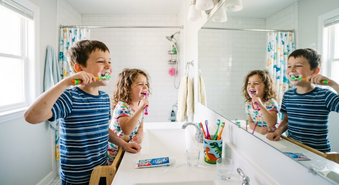 Dos niños cepillándose los dientes frente al espejo del baño
