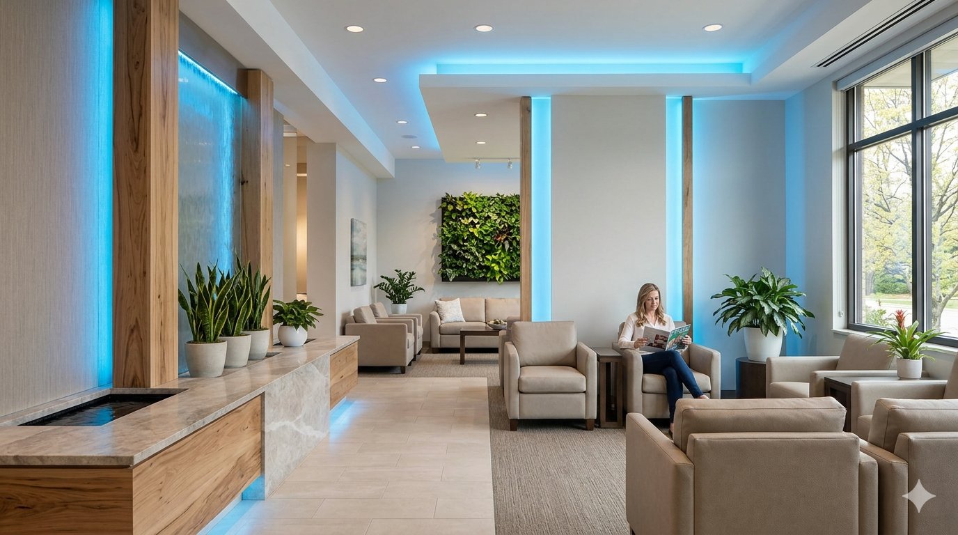 Warm, calm dental waiting room with plants