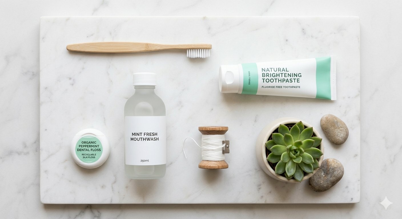 Productos de higiene dental sobre mármol — cepillo, hilo dental, enjuague