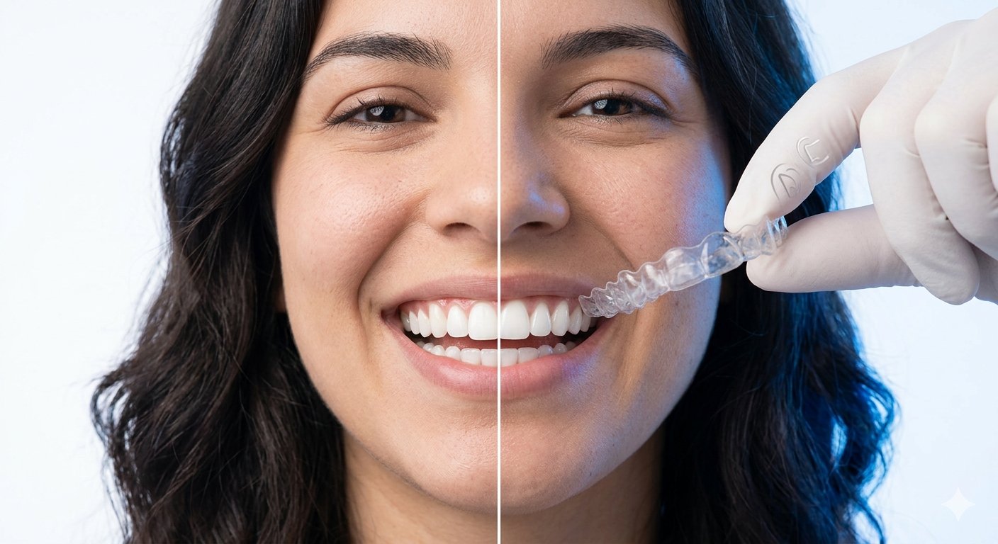 Mujer joven sosteniendo un alineador transparente junto a su sonrisa