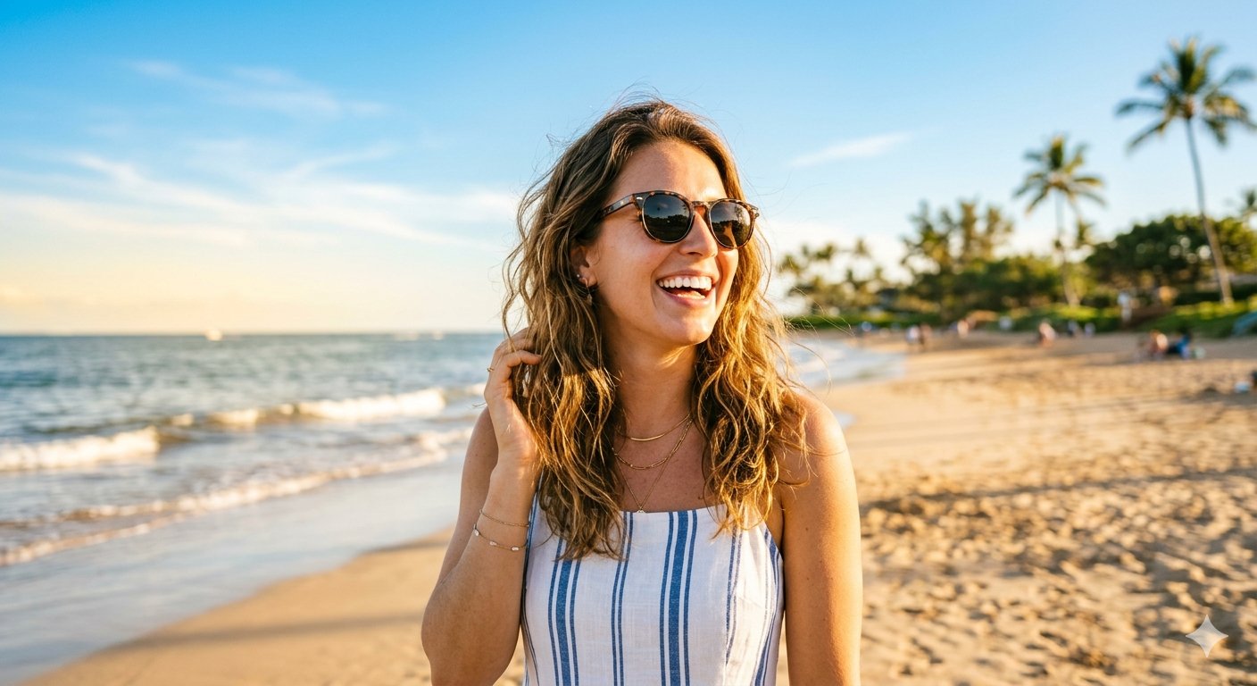 Mujer sonriendo al atardecer en la playa, sonrisa luminosa y natural