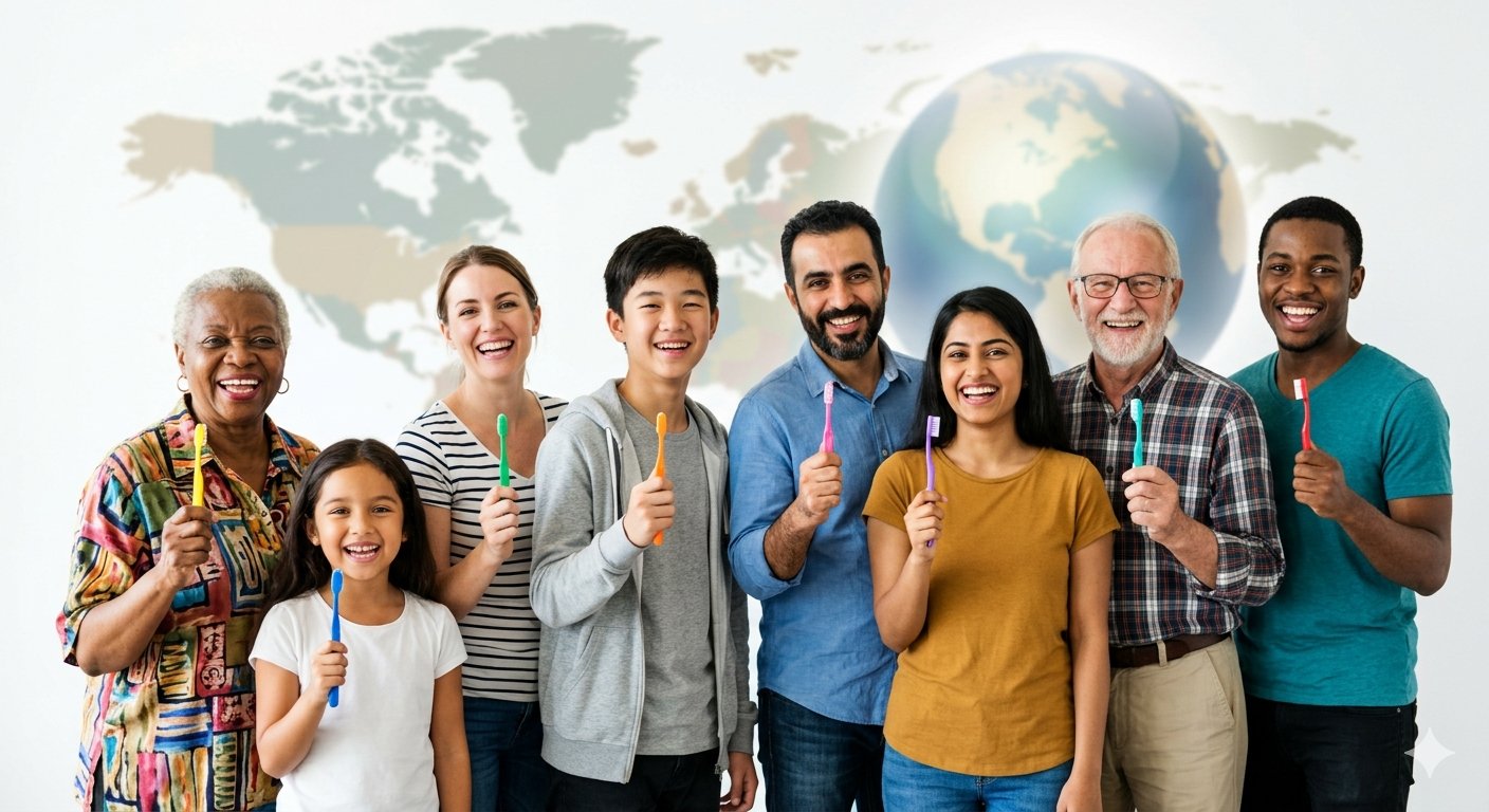 Multigenerational family smiling, holding toothbrushes