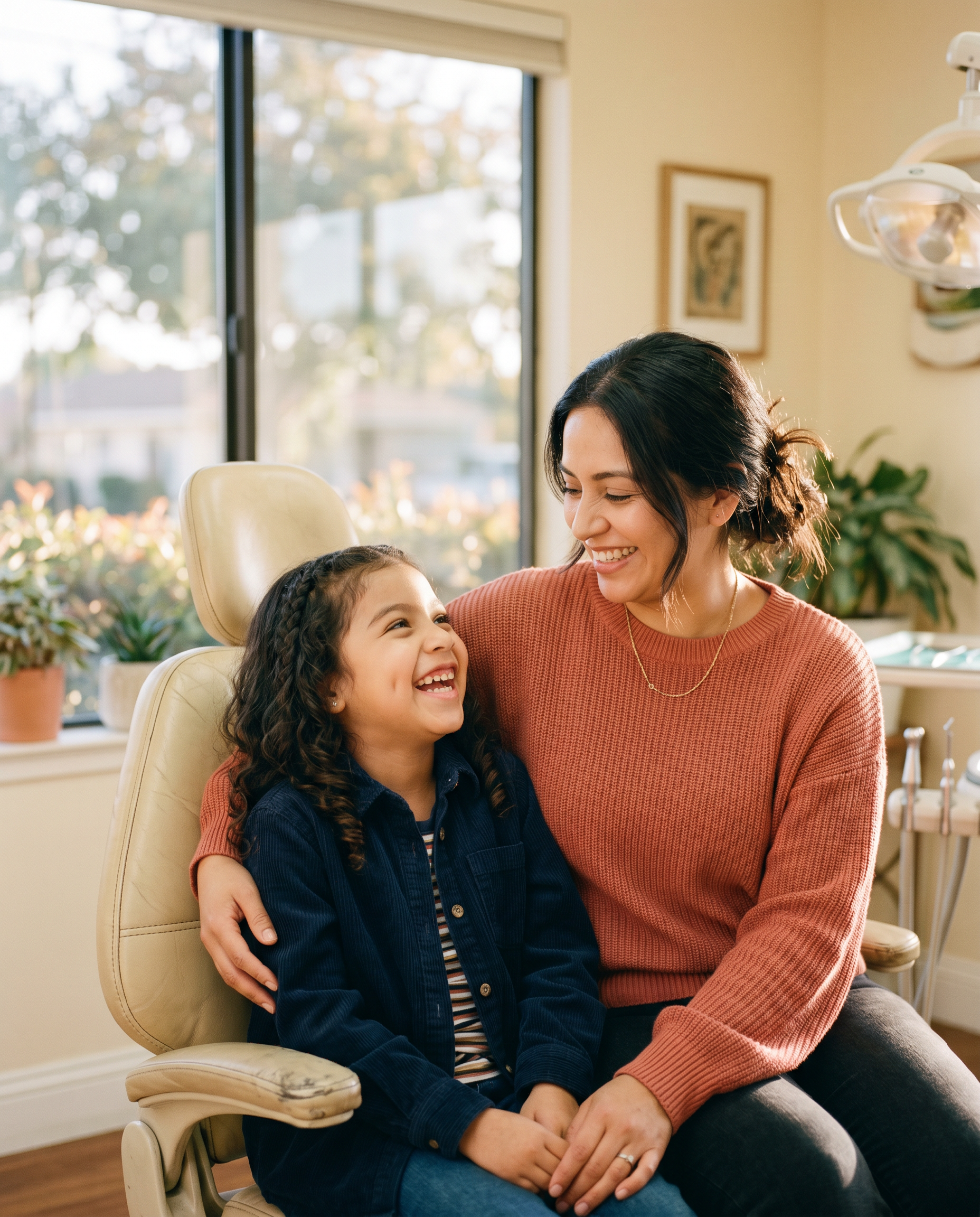 Madre e hija riendo juntas en el sillón dental, luz natural de tarde