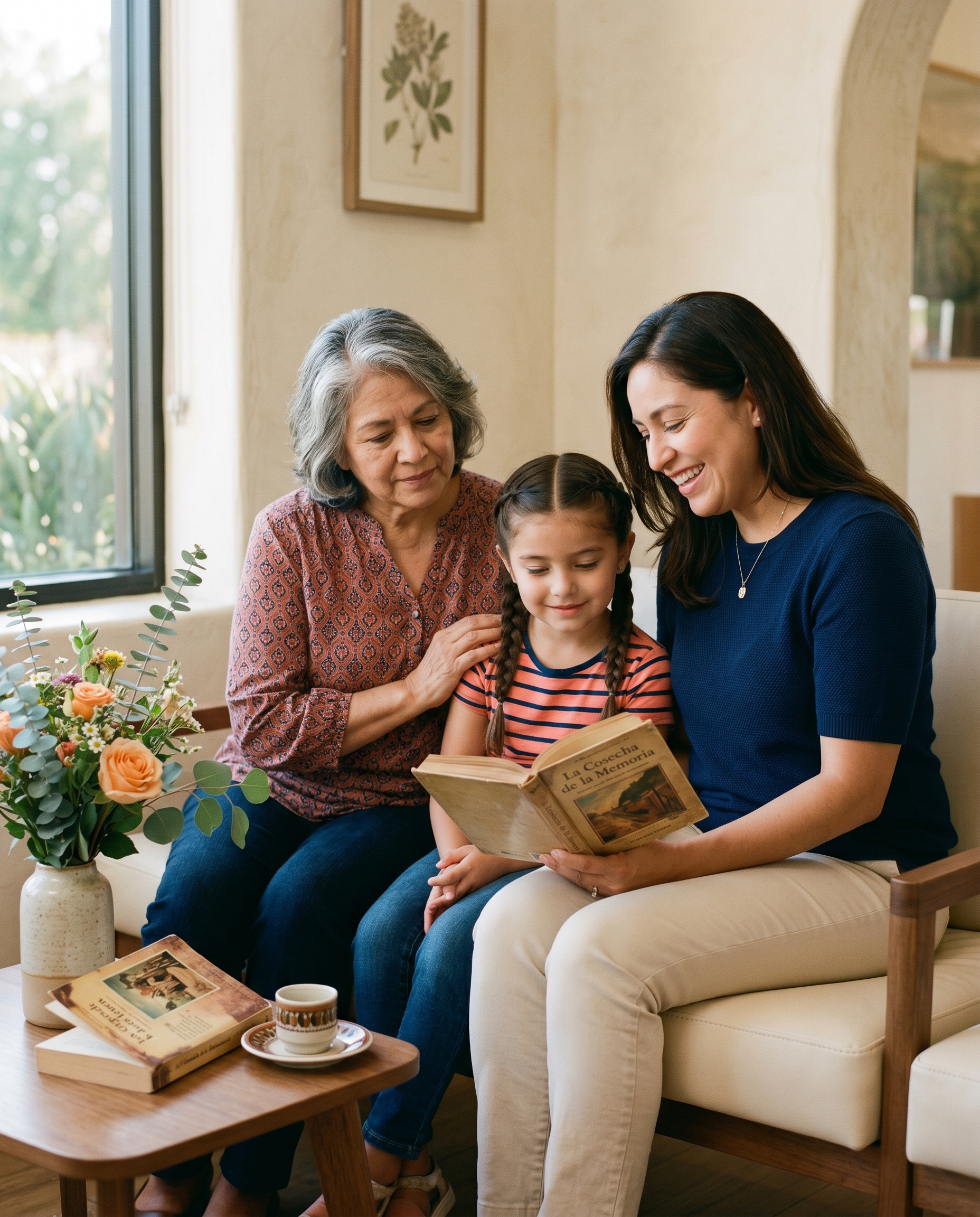 Abuela, hija y nieta leyendo juntas en la sala de espera