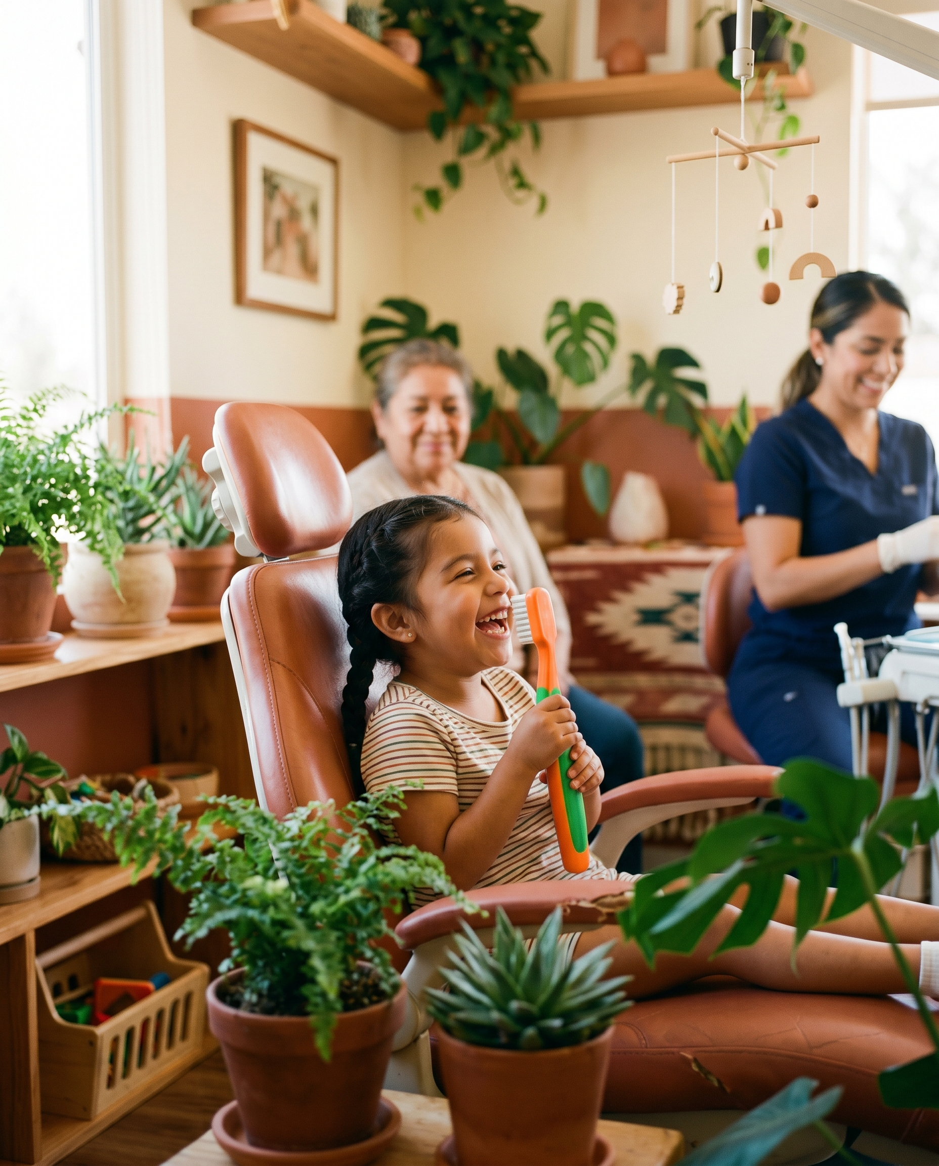 Niña riendo en el sillón dental con un cepillo de colores