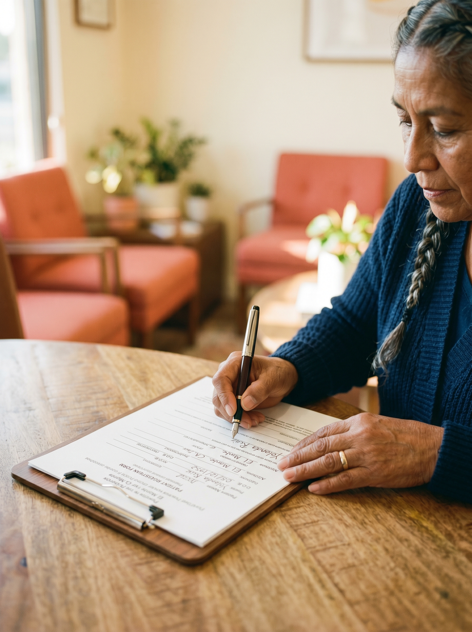 Patient signing forms at a wooden table, warm waiting room