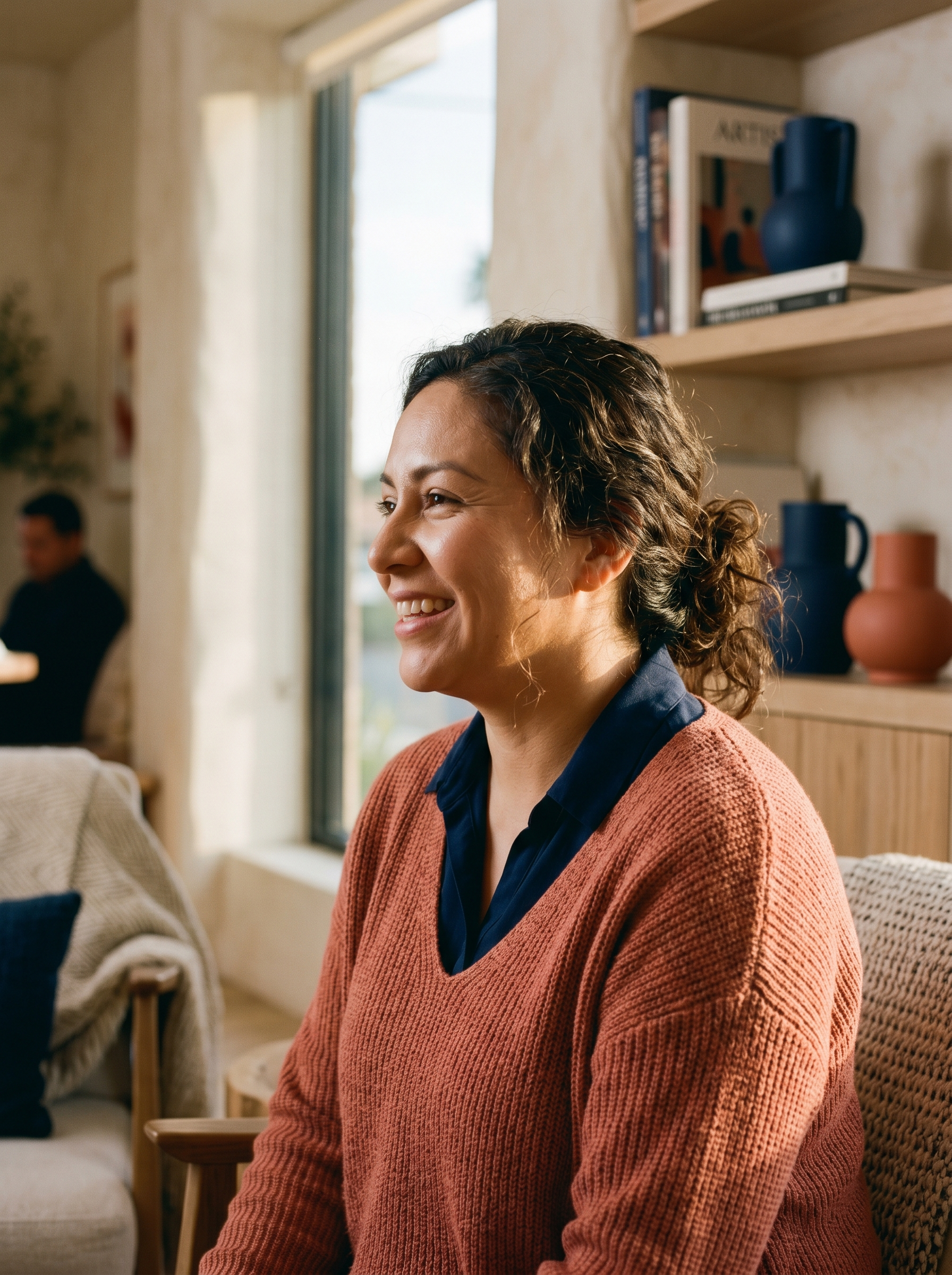 Mujer sonriendo de perfil, luz dorada de hora mágica