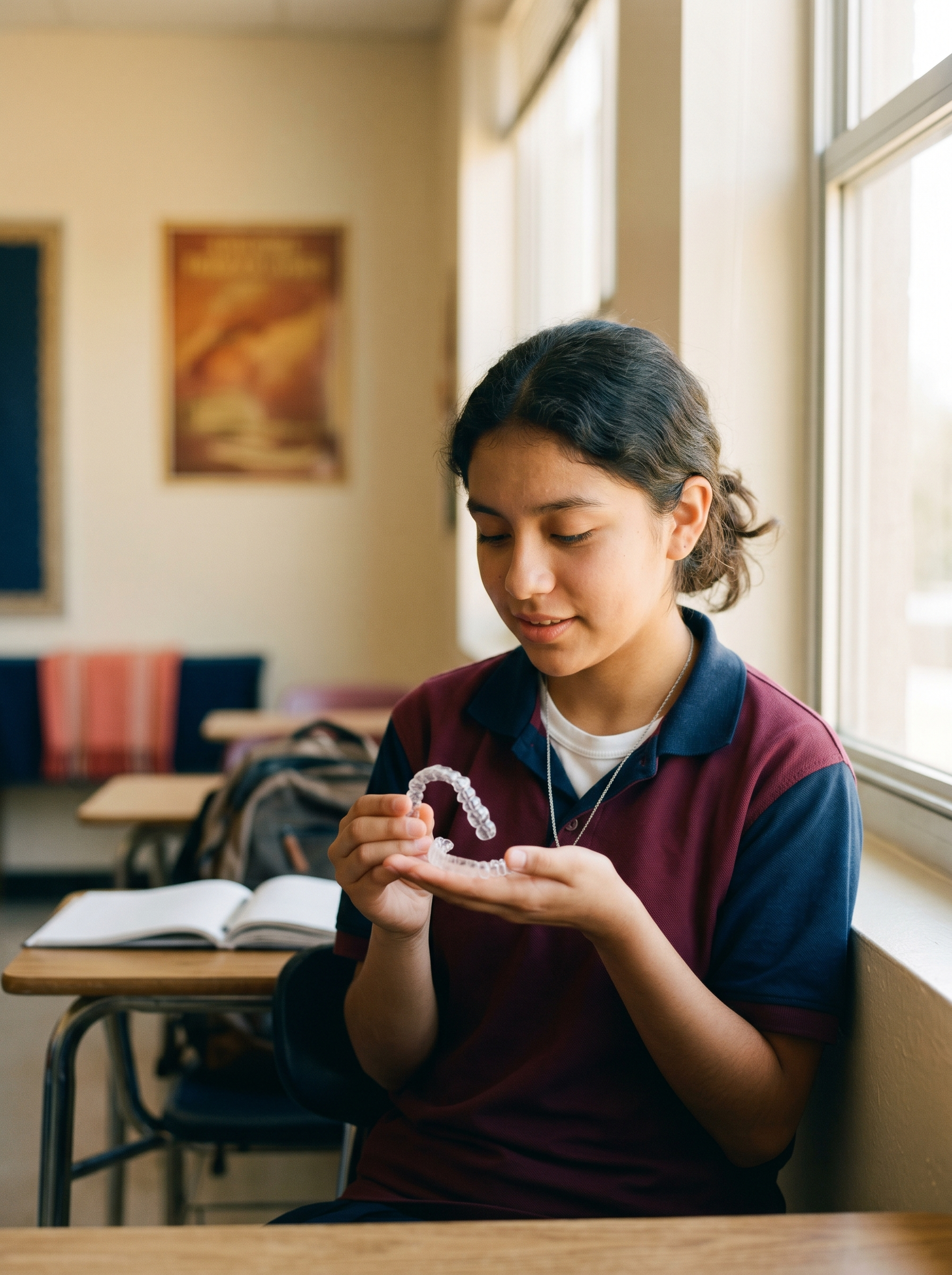 Adolescente con uniforme escolar revisando un alineador transparente