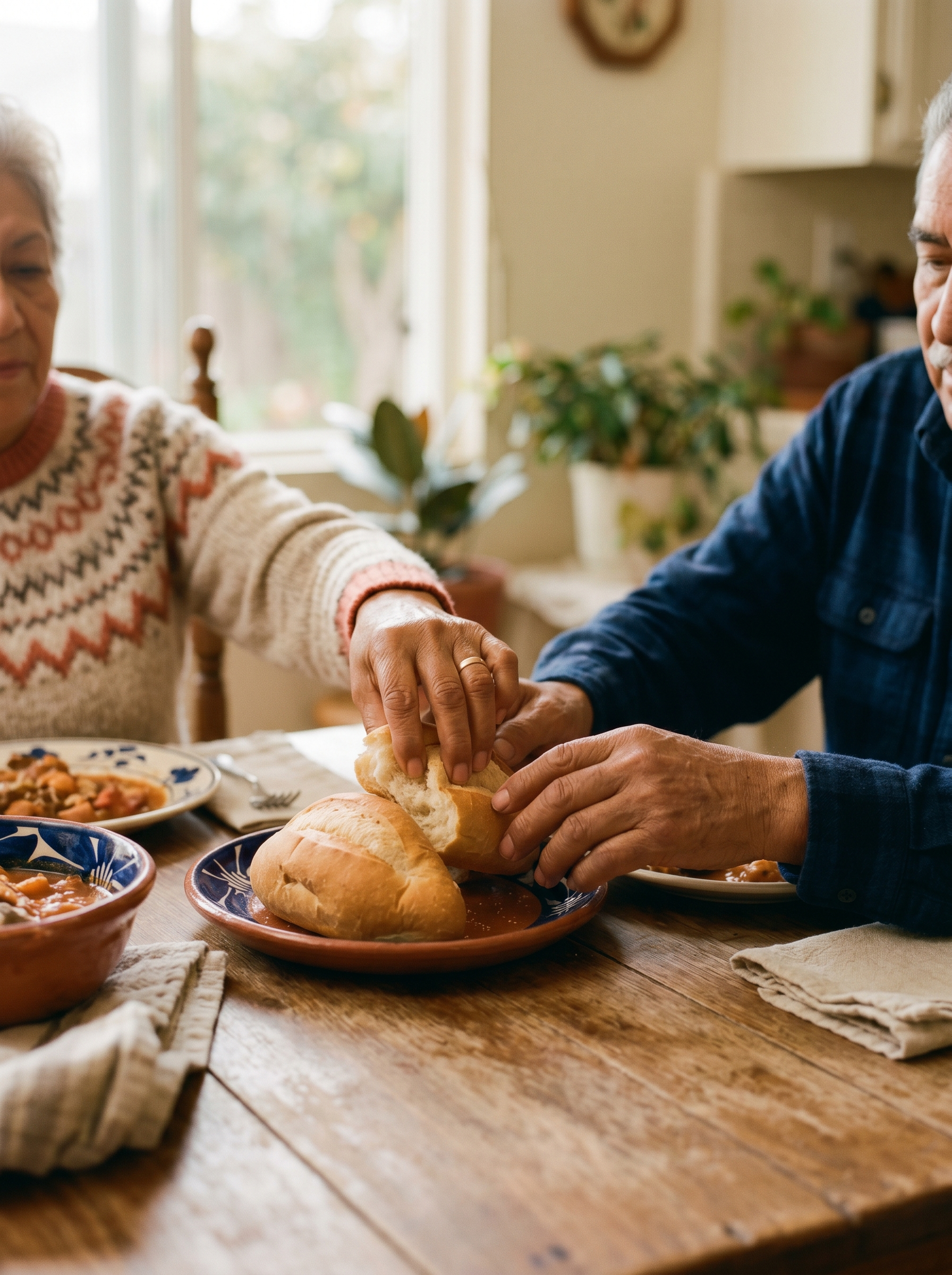 Pareja mayor partiendo pan en una mesa de madera, comida casera