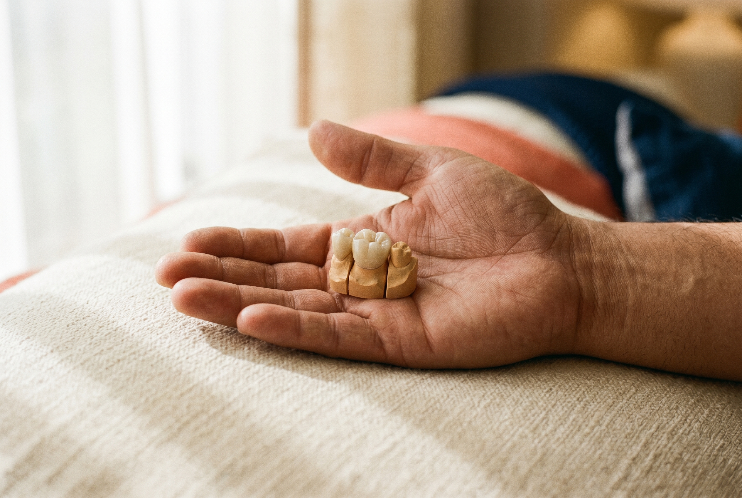 Modelo de corona dental en la mano sobre fondo bone